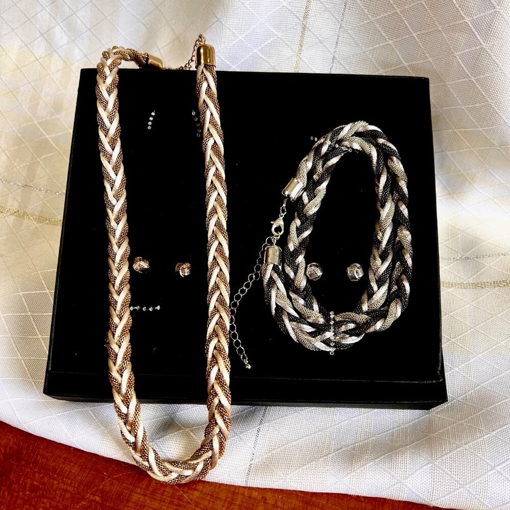 Braided Necklace and Earrings Set of 2, Gold and Black Woven Corded